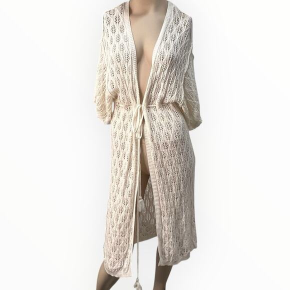 POL Crochet Ivory Beach Cover Up Kimono Cardigan Tassel Tie Waist Size S NWOT - Picture 4 of 12